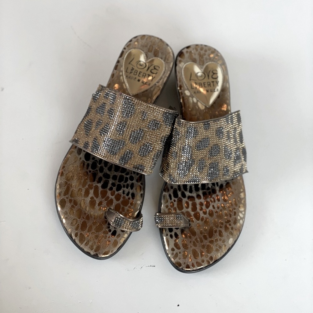 Love and Liberty gold animal print sandals